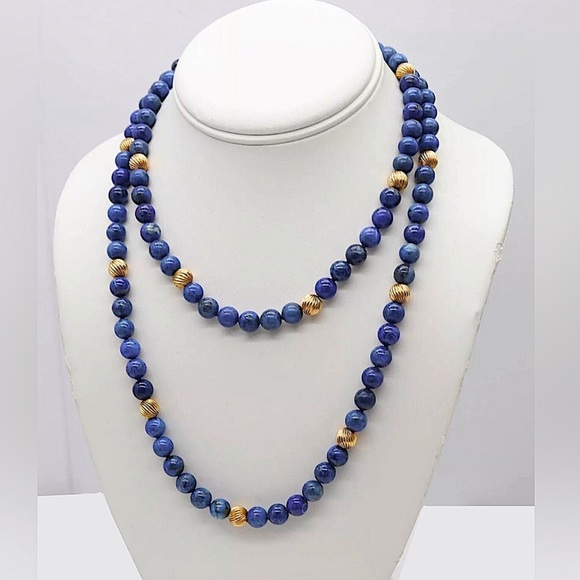 VINTAGE Lapis Lazuli 14k Gold Sculpted Beads & Clasp Hand Knotted Necklace - Picture 10 of 17